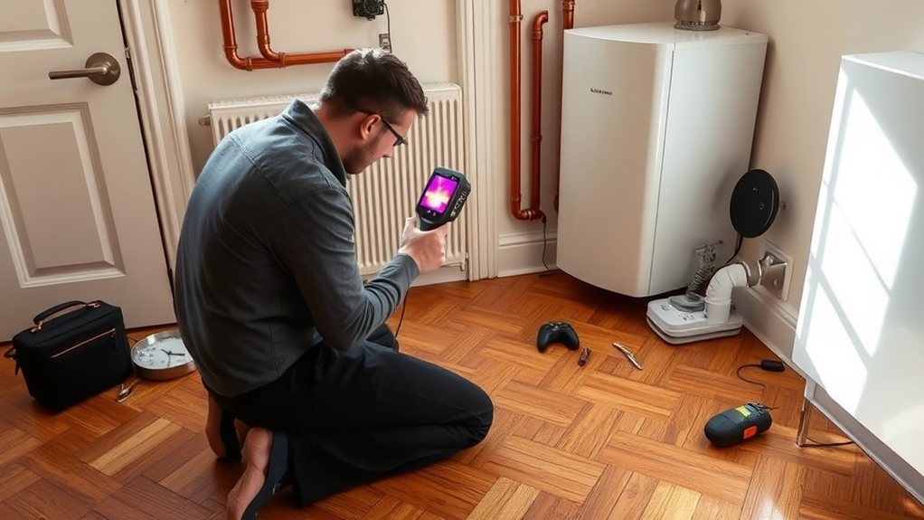 Engineer locating central heating leak using thermal imaging in Kentish Town